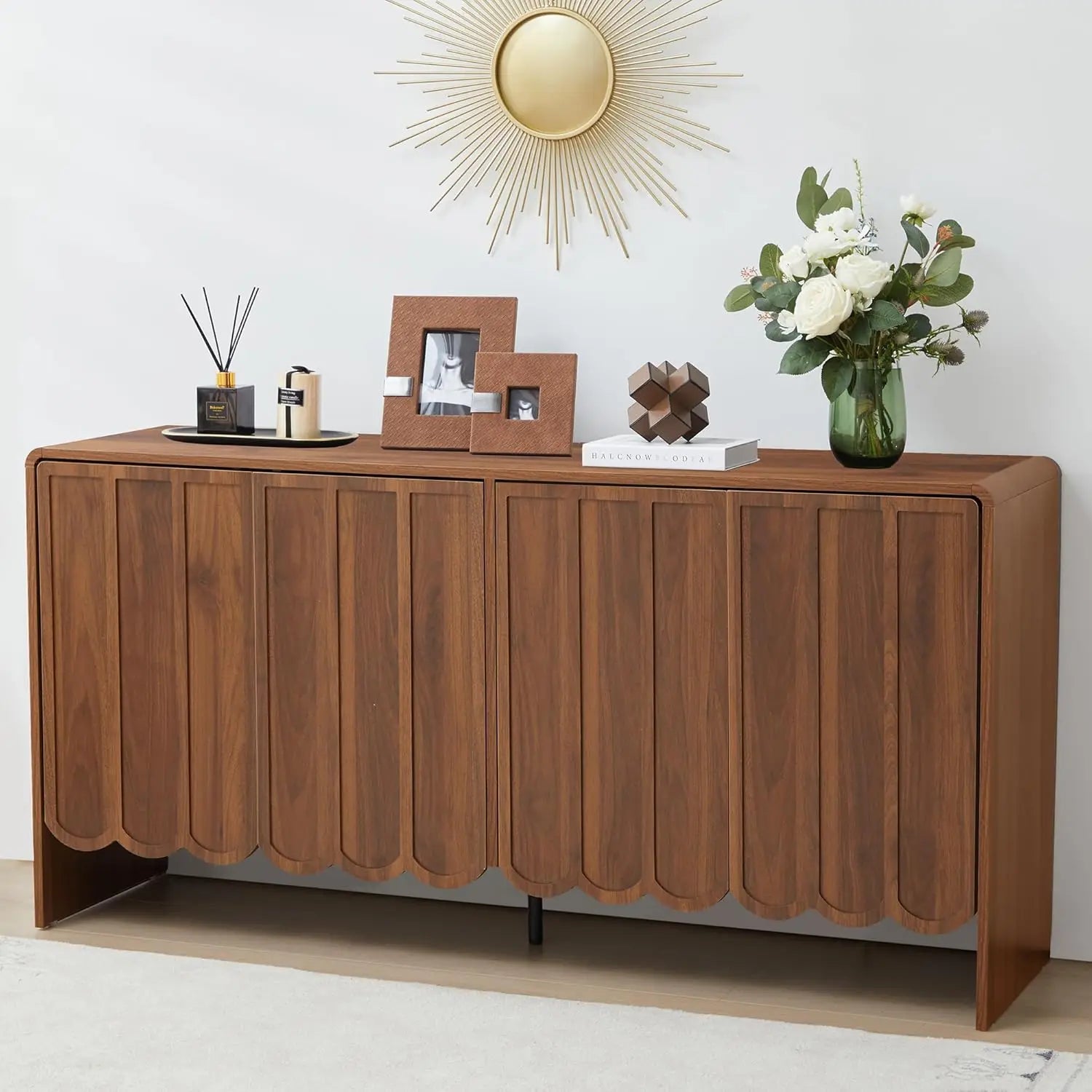 Farmhouse Sideboard Buffet Cabinet, 4-Door Storage with Adjustable Shelves, Walnut Wood, Wave Panel Design for Living Room, Dini