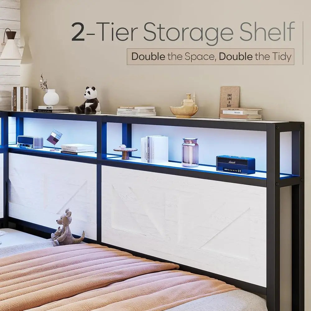 Corner Queen Size Bed Frame with Storage Bookcase – LED Lights & Charging Station