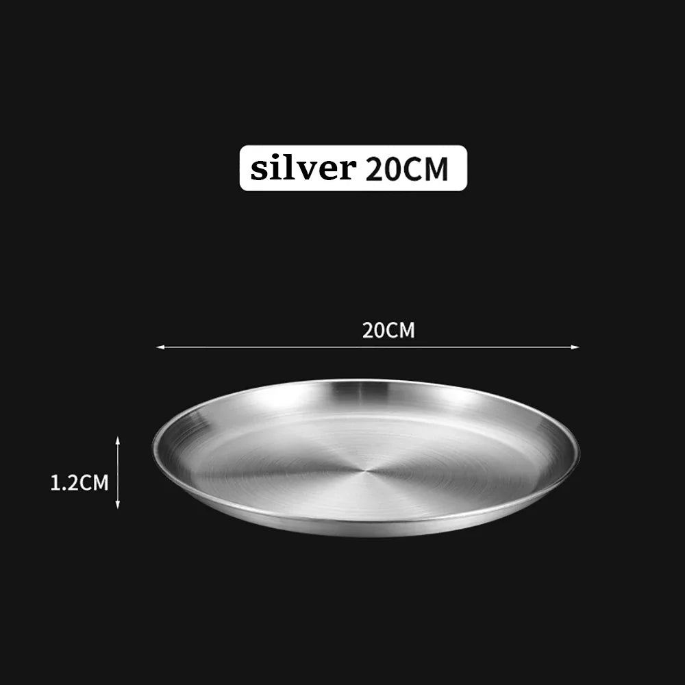 Gold Stainless Steel Round Plate – Rust-Proof Shallow Tray for Dining & Outdoor Use