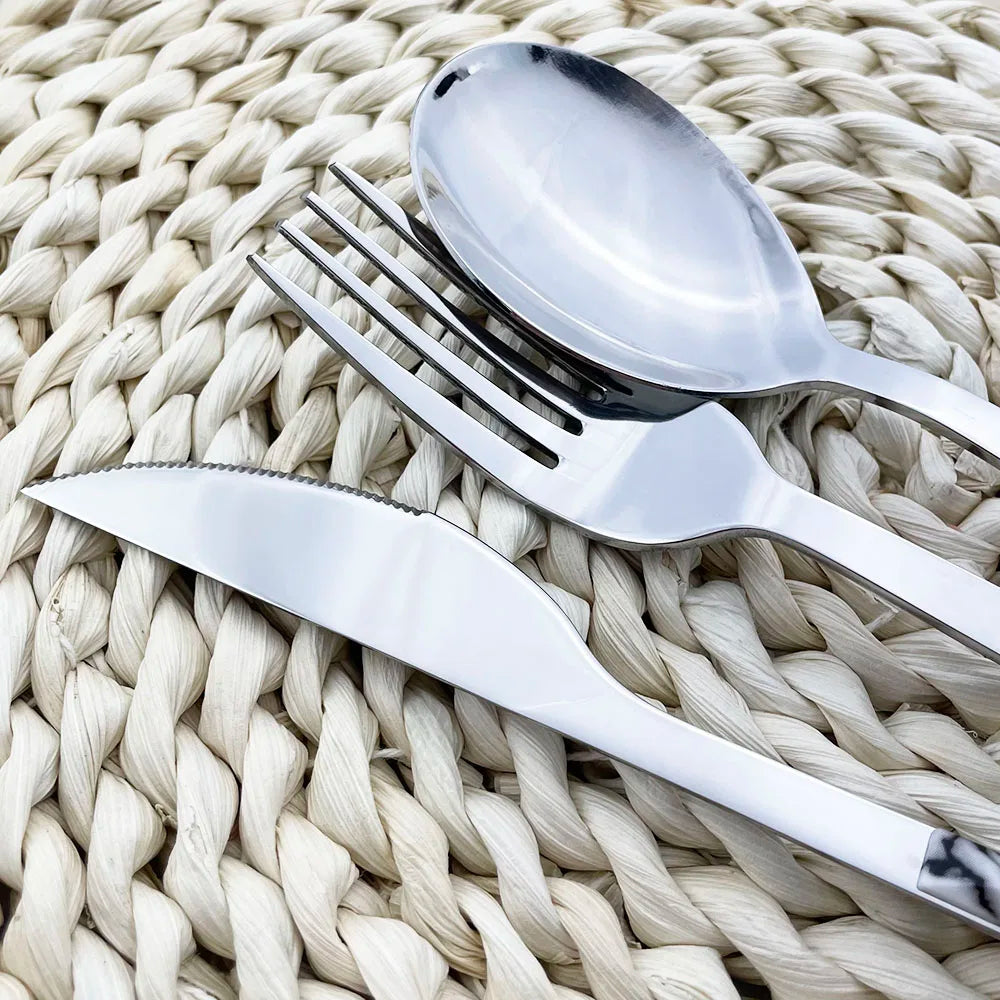 16Pcs Stainless Steel Cutlery Set Imitation Wooden Handle Western Tableware Brown Silver Knife Fork Spoon Kitchen Dinnerware Set