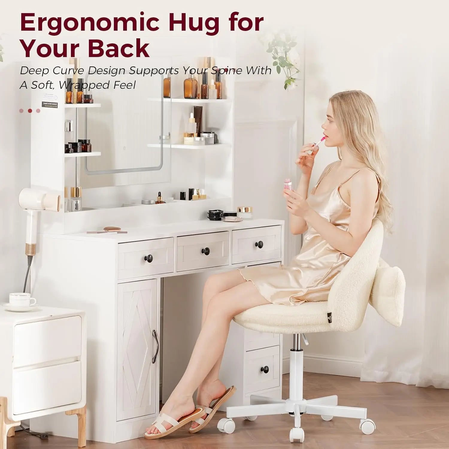 Teddy Velvet Adjustable Height Vanity Chair for Girls, Cute Armless Makeup Desk Stool with Storage