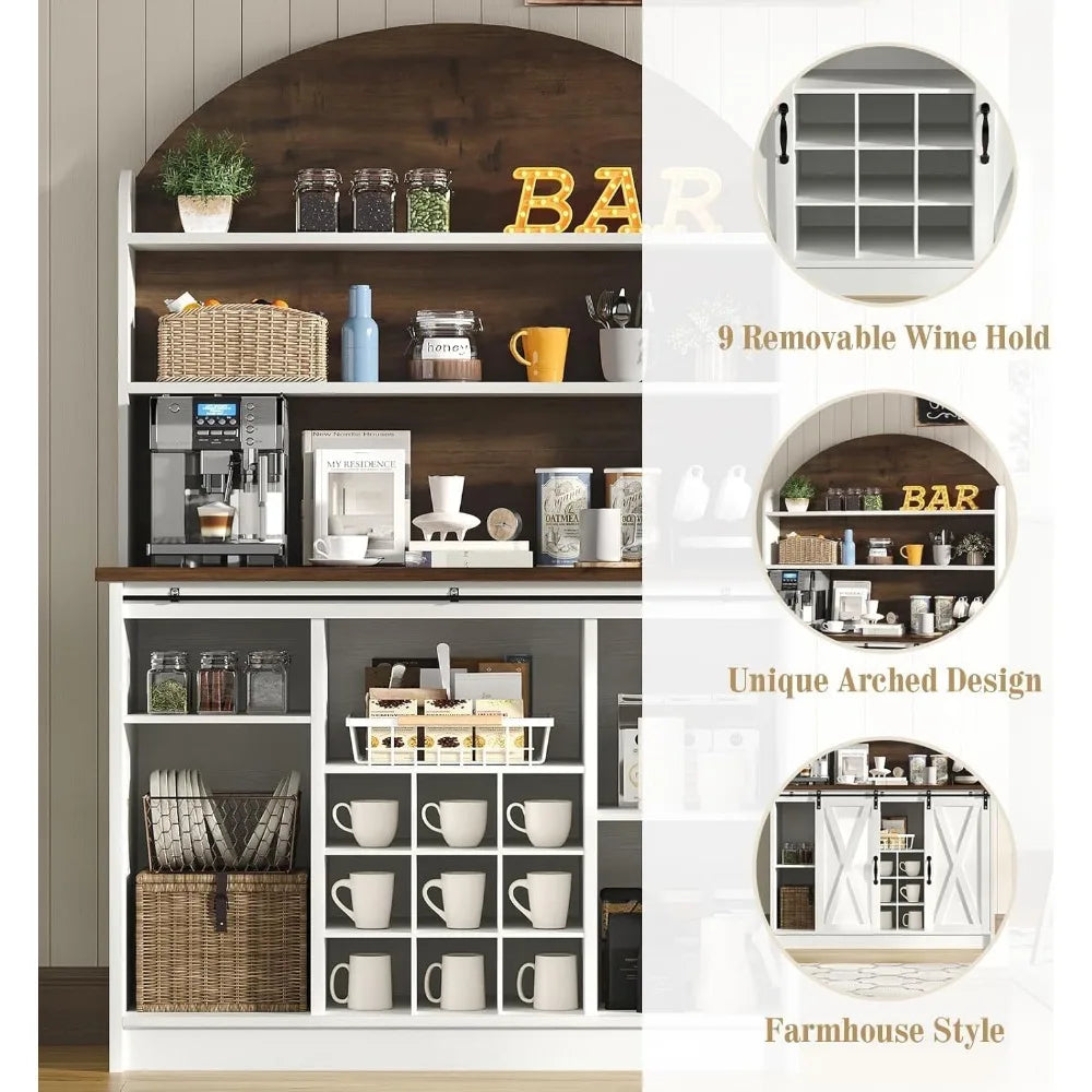 Farmhouse Coffee Bar Cabinet – 67″ Hutch with 3-Tier Storage & Sliding Barn Doors