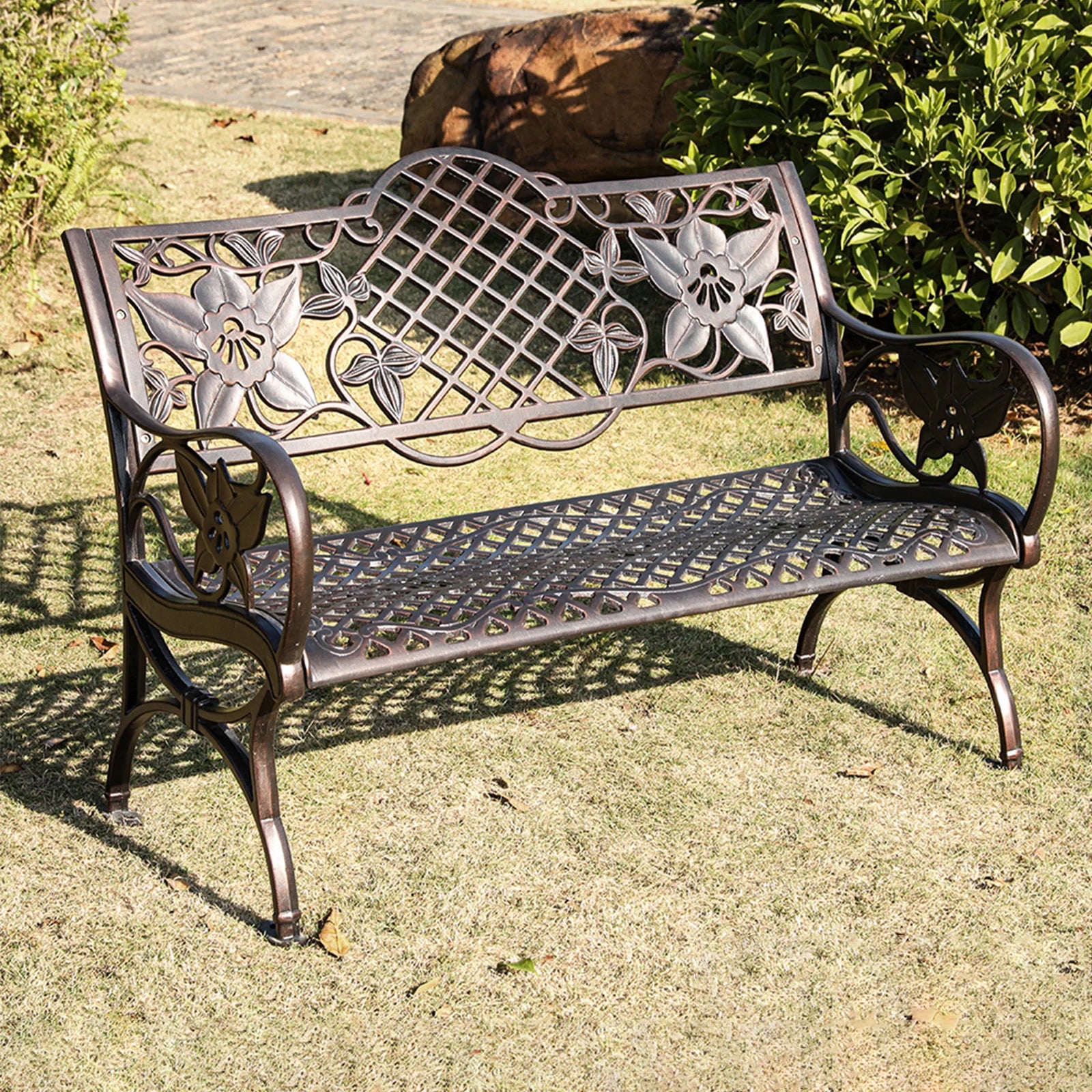 117CM Cast Aluminum Park Bench Chair ﻿All-weather Metal Outdoor Bench Patio Bench with Beautiful Carving Garden Bench