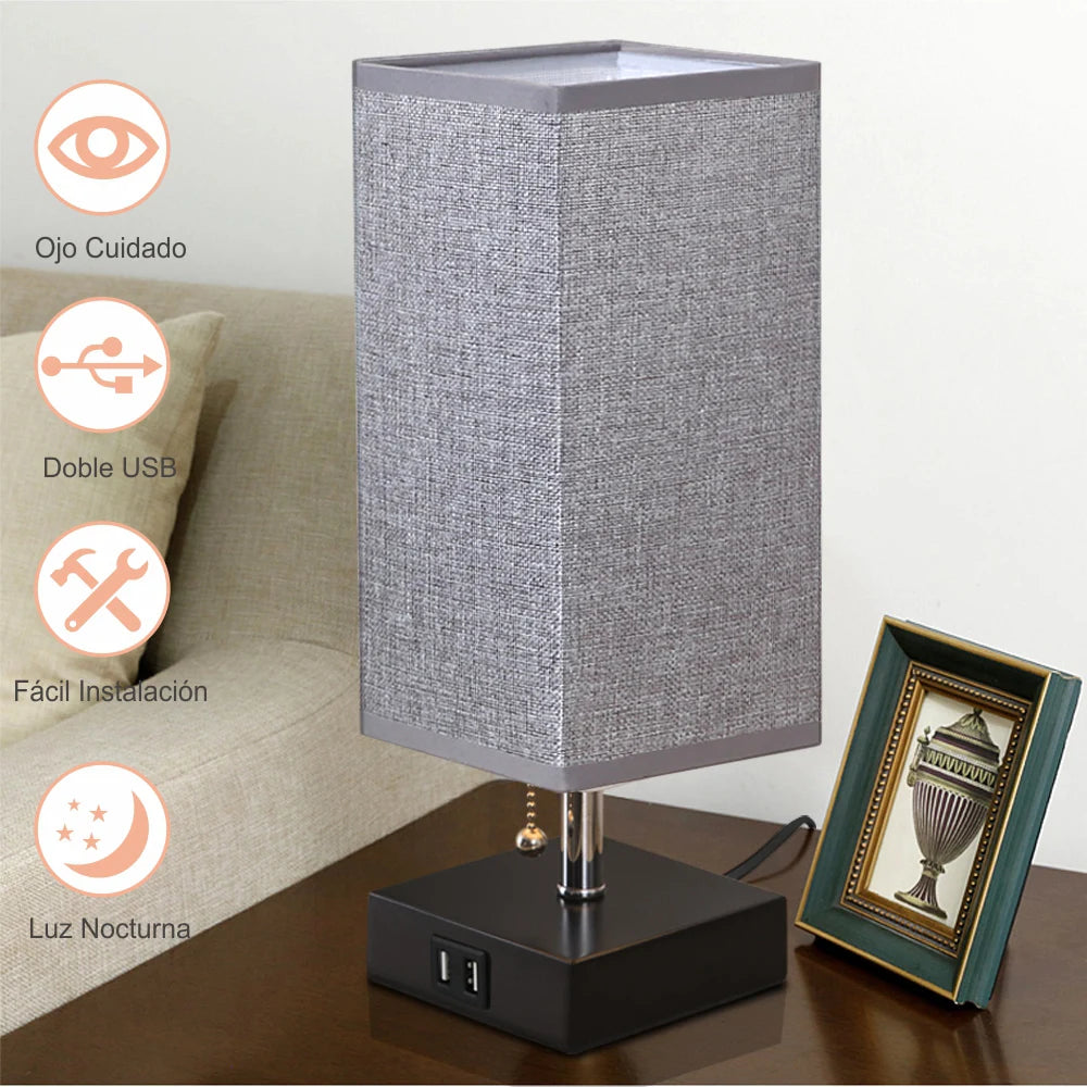 Pull Chain Table Lamp Grey Bedroom Lamps with 3 Color Temperatures,Rechargeable Lamp with Dual USB Ports for Table,Living Room