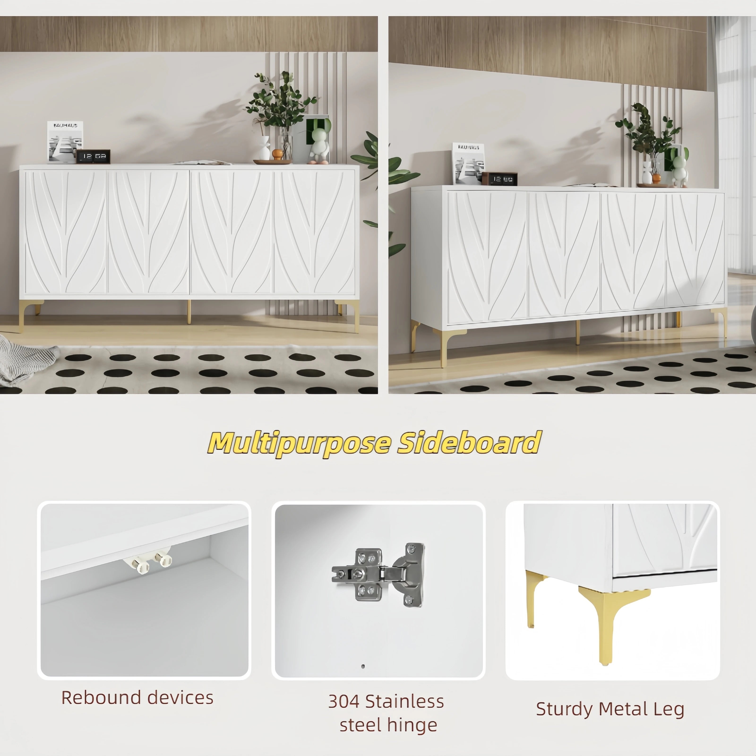 Creative carved 4-door Sideboard Handleless Press-to-Open Design Buffet Cabinet for Dining Room,Living Room, Bedroom, Hallway