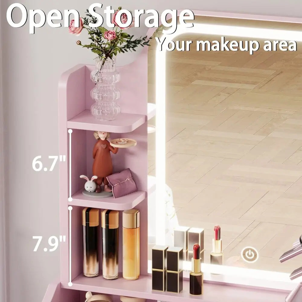 LIKIMIO Small Makeup Vanity Desk with Mirror and Lights, Vanity Table Set with Storage Drawer, Chair and Three Shelves, Bedroom