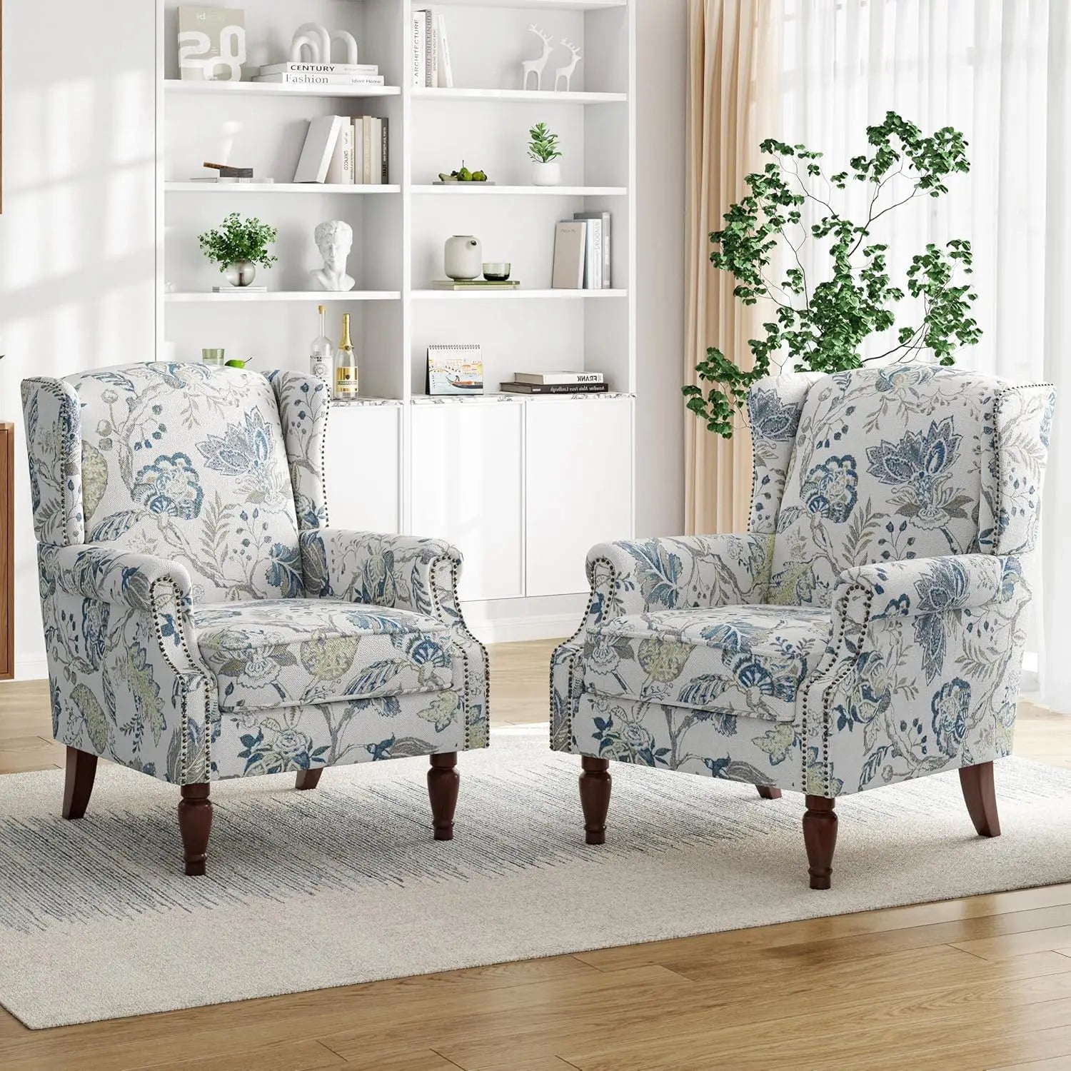Floral Accent Chairs – Set of 2 High-Back Retro Wingback Armchairs