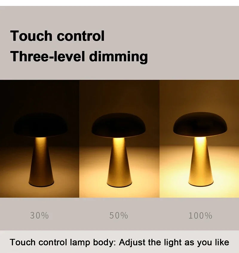Rechargeable Table Lamp Bedroom Decoration Bar Living Room Bedside Mood Lights Touch Three Level Dimming Metal Mushroom Lamps