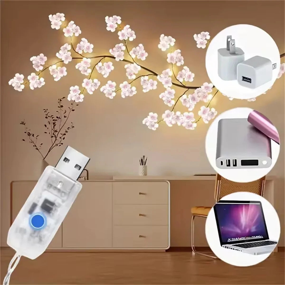 72/96 LED USB cherry blossom vine string lights with 8-mode DIY plastic flower theme for parties weddings outdoor decoration