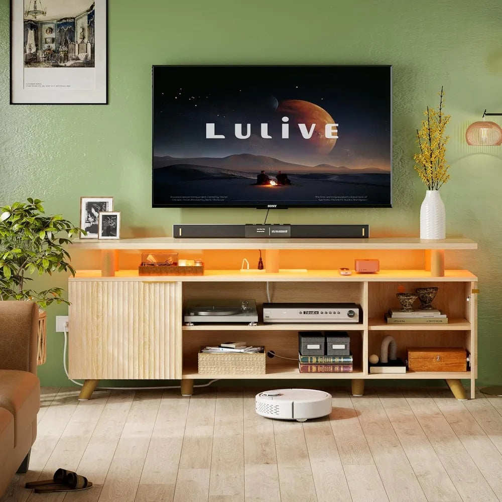Modern TV Stand for 55-70 Inch TV Entertainment Center with Wooden Storage Cabinets And Power Outlet for Living Room