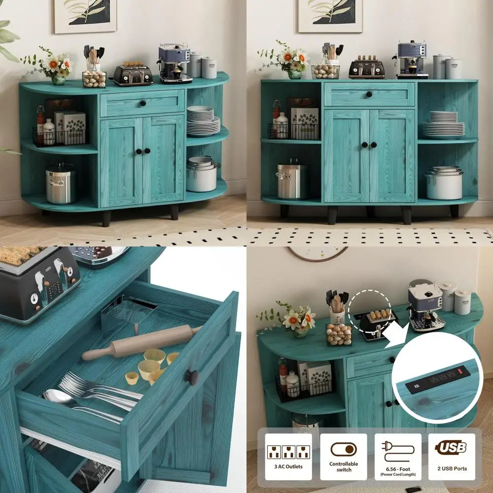 vintage blue freestanding sideboard with buffet cabinet, power outlet, and coffee bar storage