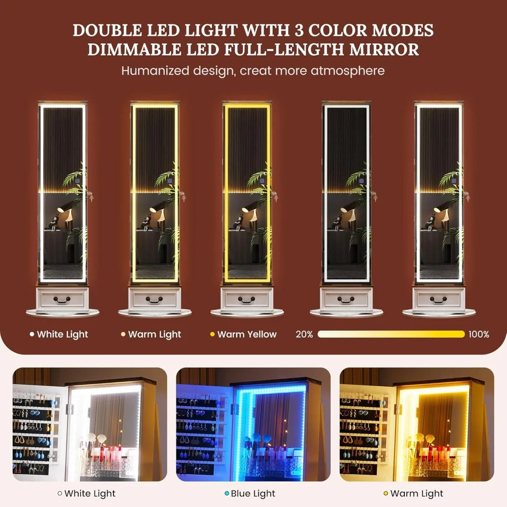 LED Mirror Jewelry Cabinet Standing, 360°Swivel Jewelry Armoire with Full Length Mirror, Mirror with Jewelry Storage