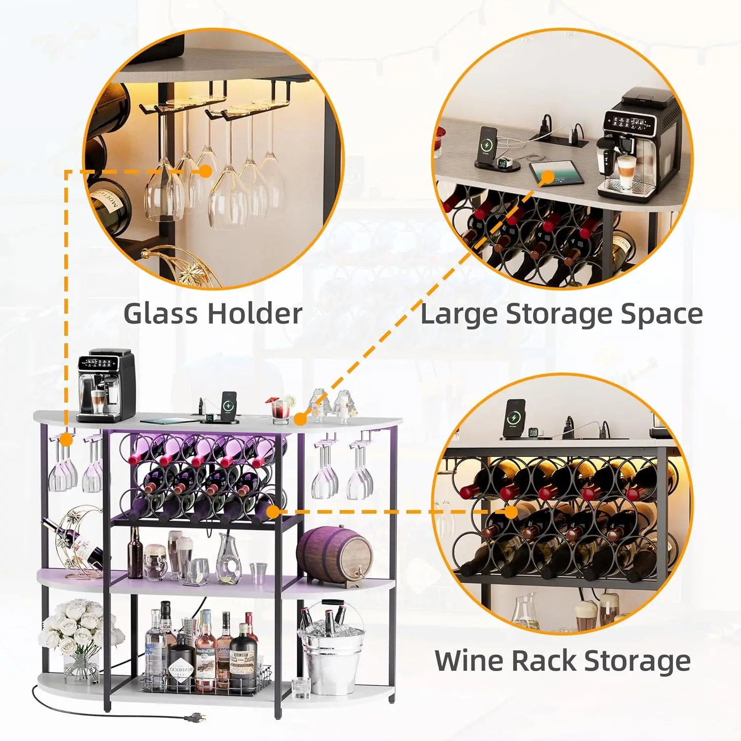 Freestanding Wine Bar Cabinet – LED Lighting with Power Outlets & Glass Holder