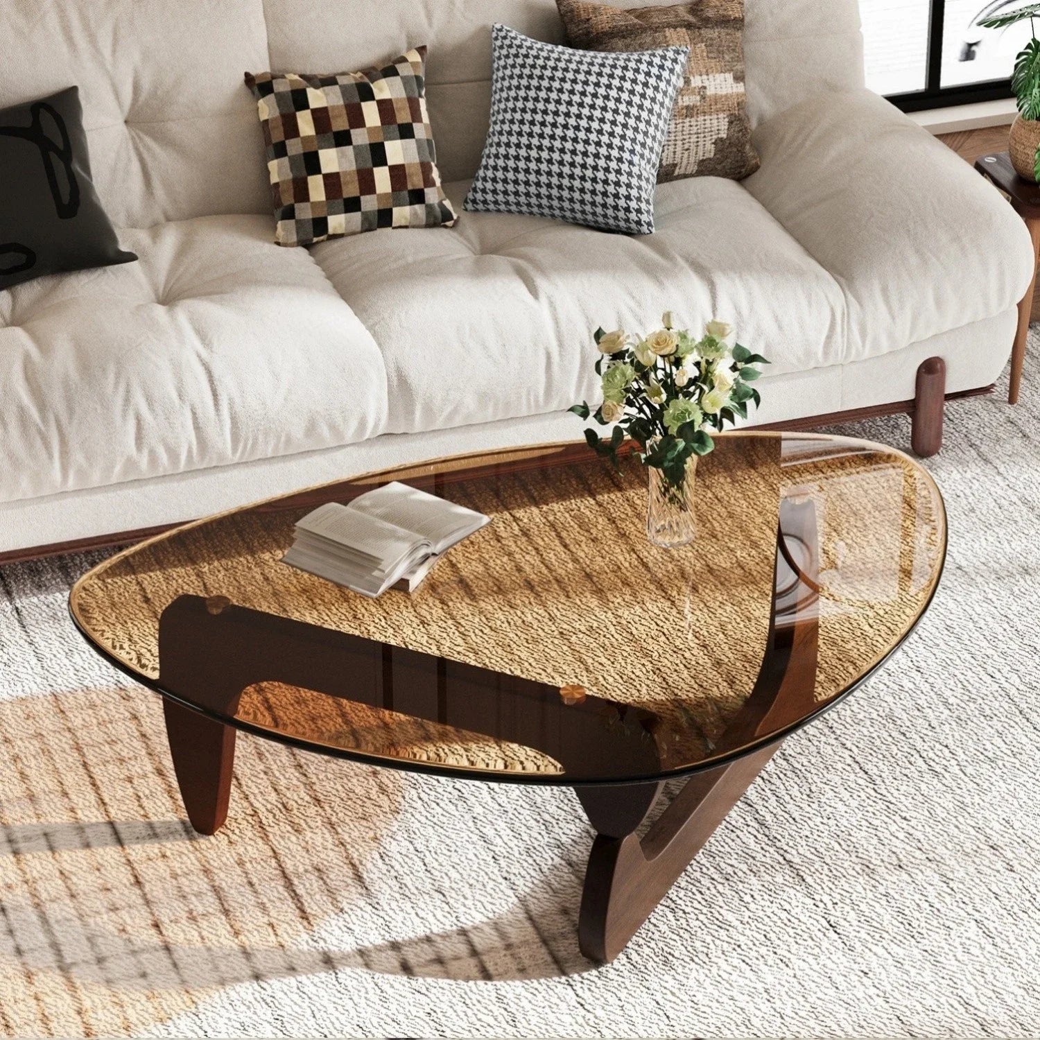 Modern Irregular Accent Coffee Table – Amber-Tinted Tempered Glass Center Table