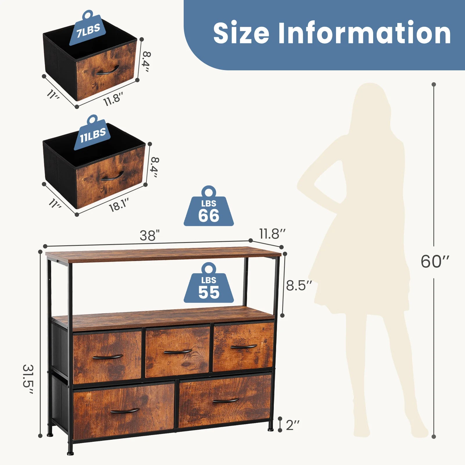 JHK TV Stand Dresser For Bedroom With 5 Fabric Drawers Storage Closet Chest Clothes Storage Display Cabinet Furniture