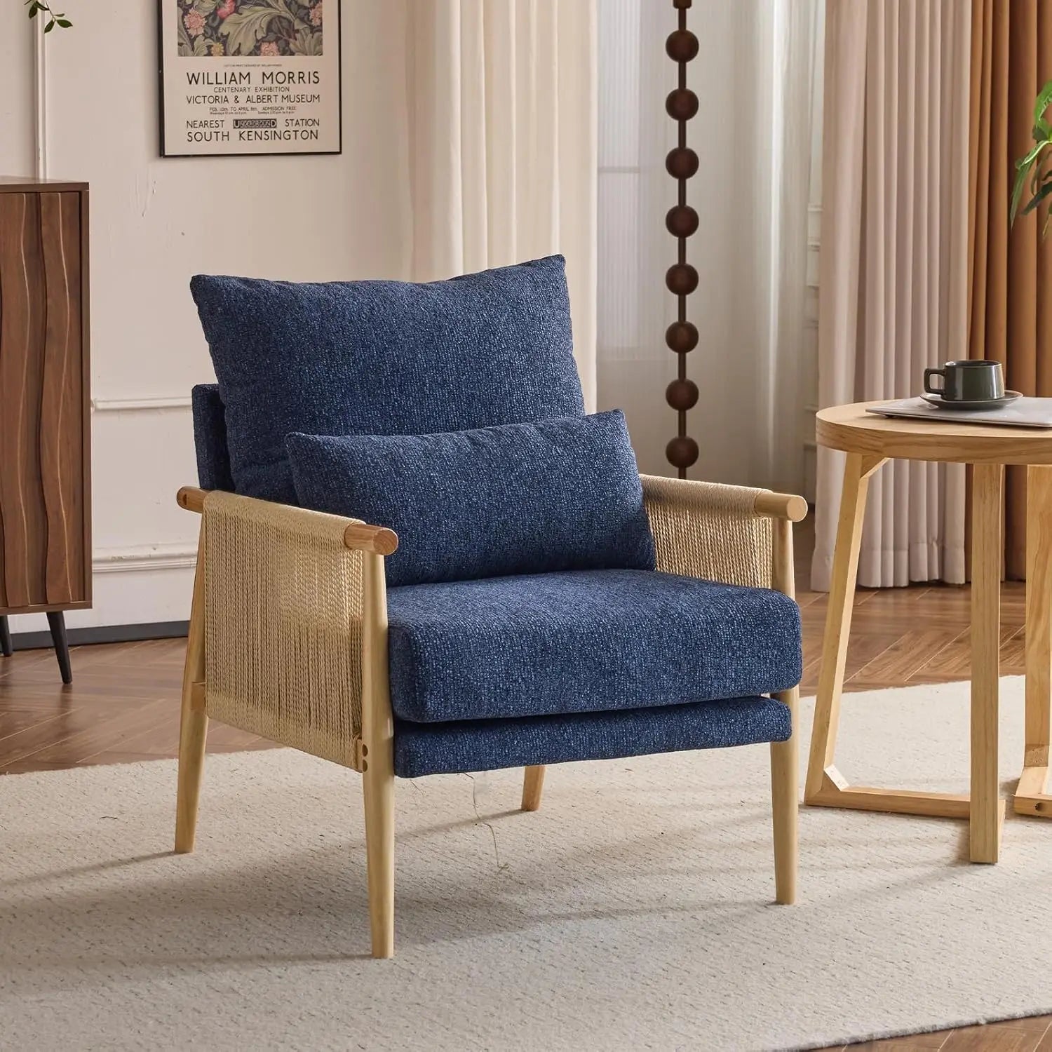 Boho Braid Accent Armchair – Mid-Century Modern Lounge Chair with Waist Pillow