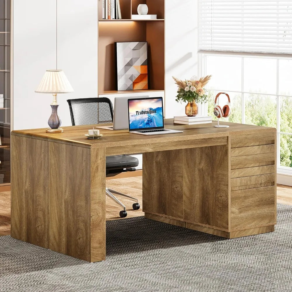 Computer desk with 3 drawers, farmhouse home office desk with storage cabinet, study desk, office workstation, walnut wood