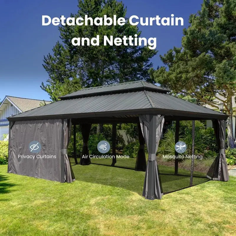 14x22 Hardtop Gazebo, Upgraded Metal Canopy with Drainage System, Dual-Layer Galvanized Steel Roof, Includes Curtains &