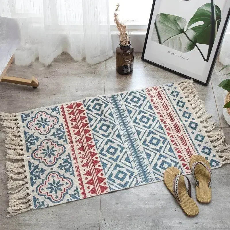 60*90CM Living Rooms Bedrooms Home Decor Retro Bohemian Hand Woven Cotton Linen Carpets Tassel Bedside Rug Geometric Floor Mat