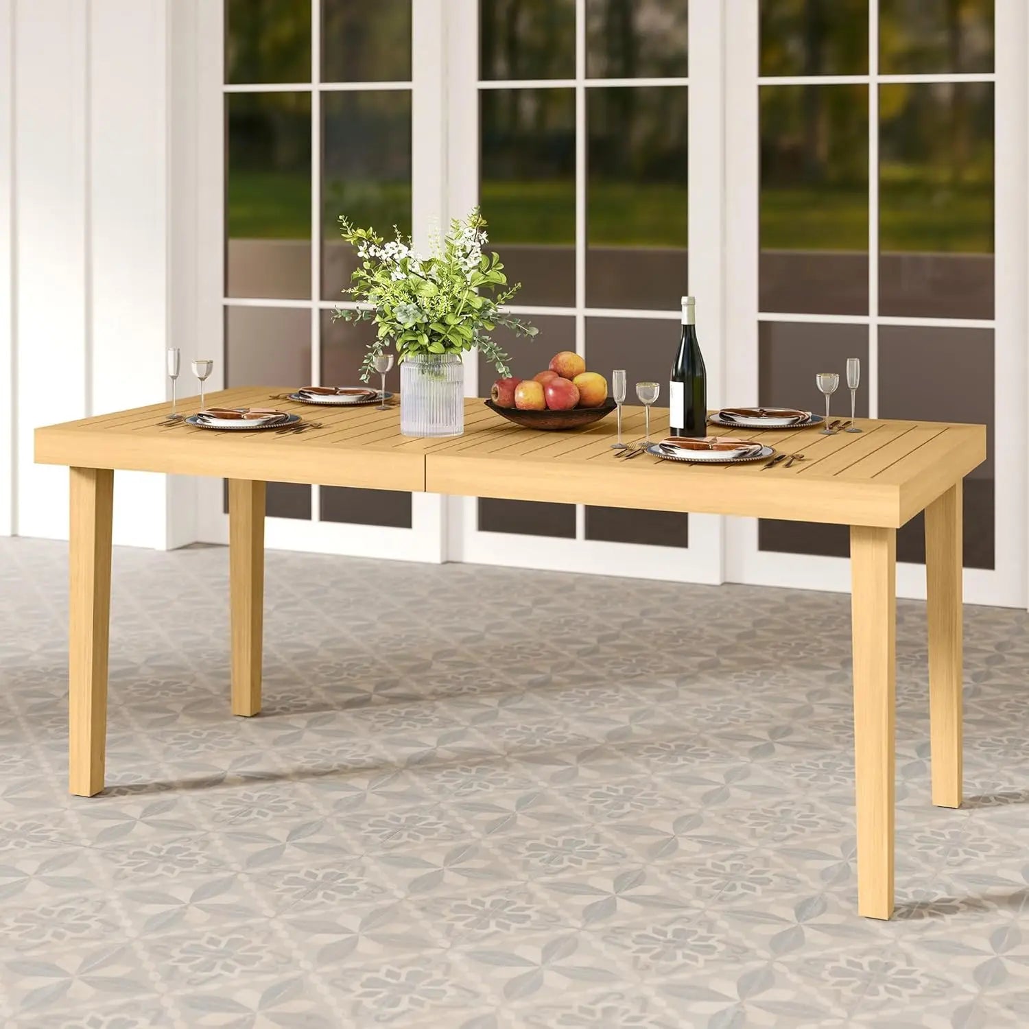 RoyalCraft Acacia Patio Dining Table, 6-Person Wood Picnic Table with Iron Leg, Outdoor Dining Furniture for Backyard Lawn