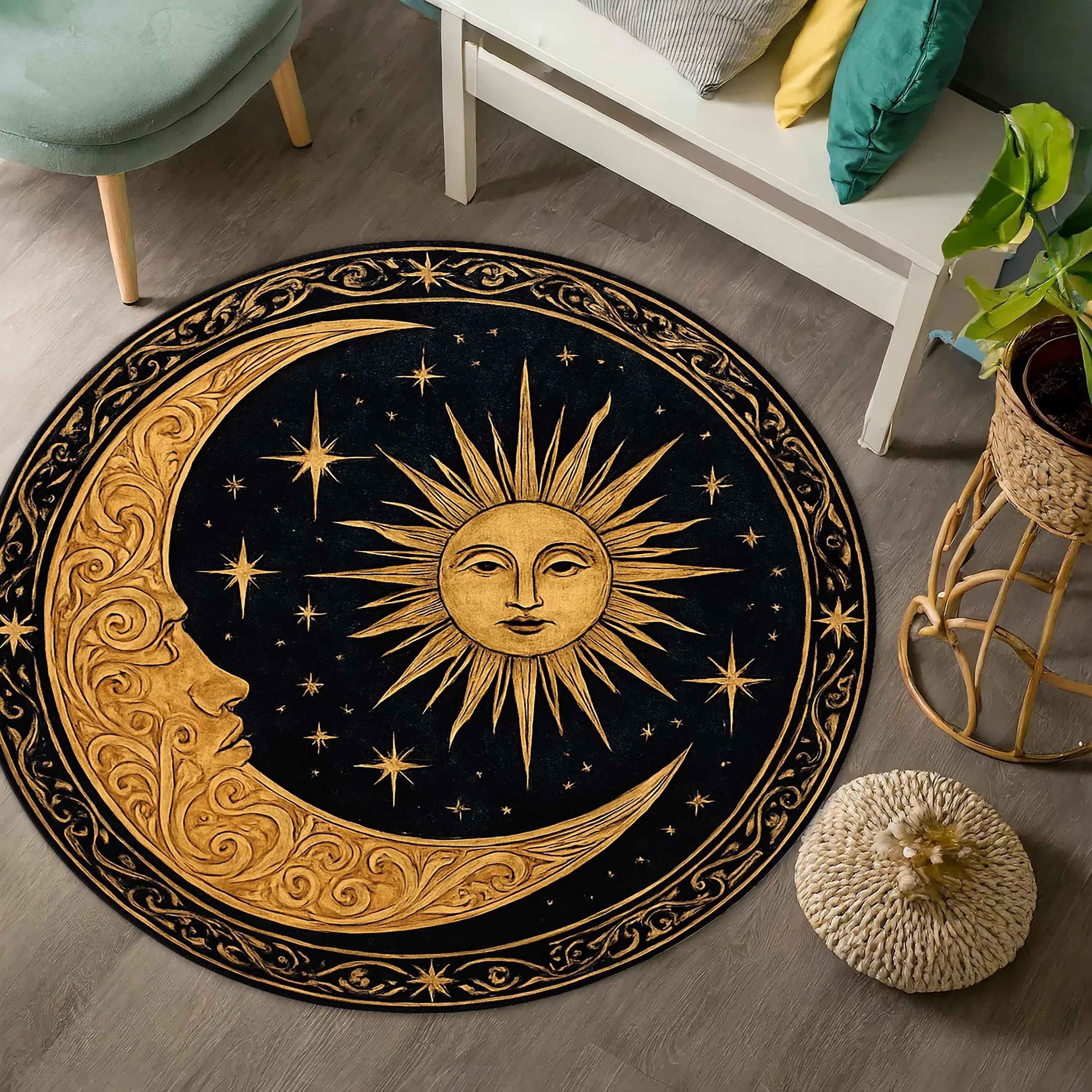 1pc Celestial Sun and Moon Pattern Round Rug, Non-slip Floor Mat for Living Room, Bedroom, Bathroom, Holiday Home Decoration