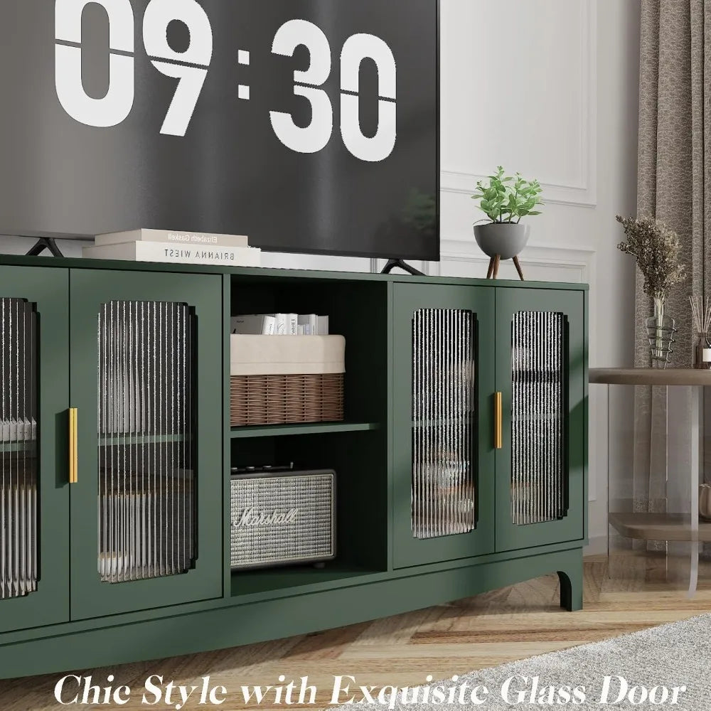 65 Inch Green TV Stand for TVs up to 70+ inch, Mid Century Modern Glass Door TV Console Table,Entertainment Center with Storage