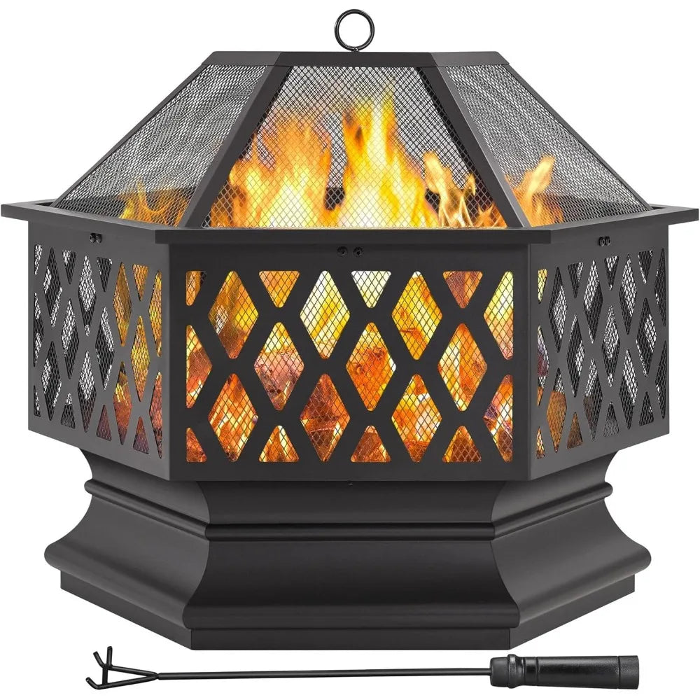 28in Hex Shaped Fire Bowl - Large Wood Burning Outdoor Fire Pit with Spark Screen & Poker for Bonfire, Picnic, BBQ