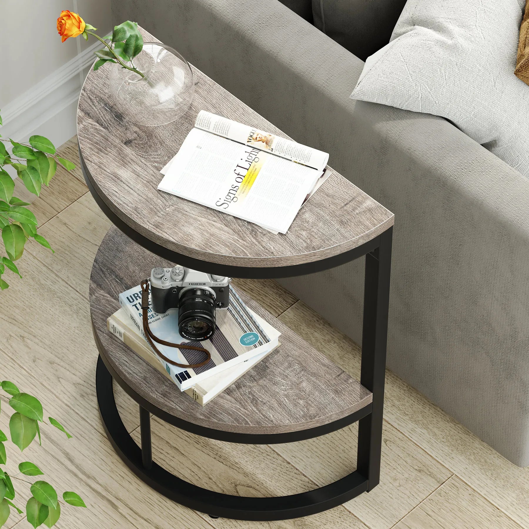 Tribesigns End Table Semi Circle, Small Half Round Side Table with Storage Shelf, Accent Table Slim C Table for Sofa Couch