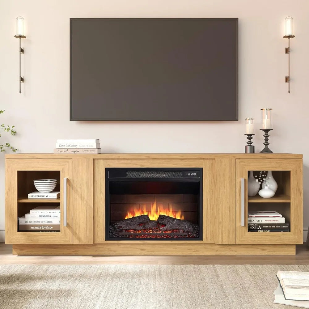 3D Fireplace TV Stand for TVs up to 80’’, Wooden Media Entertainment Center Table & TV Cabinets w/Storage Shelves & Barn Door