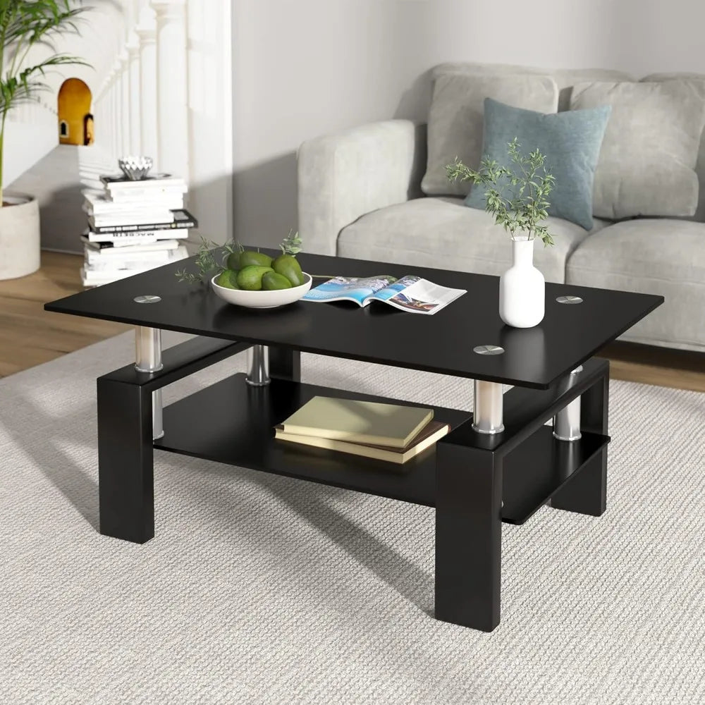 Modern 2-Tier Glass Coffee Table – Rectangular Black Glass Living Room Side Table