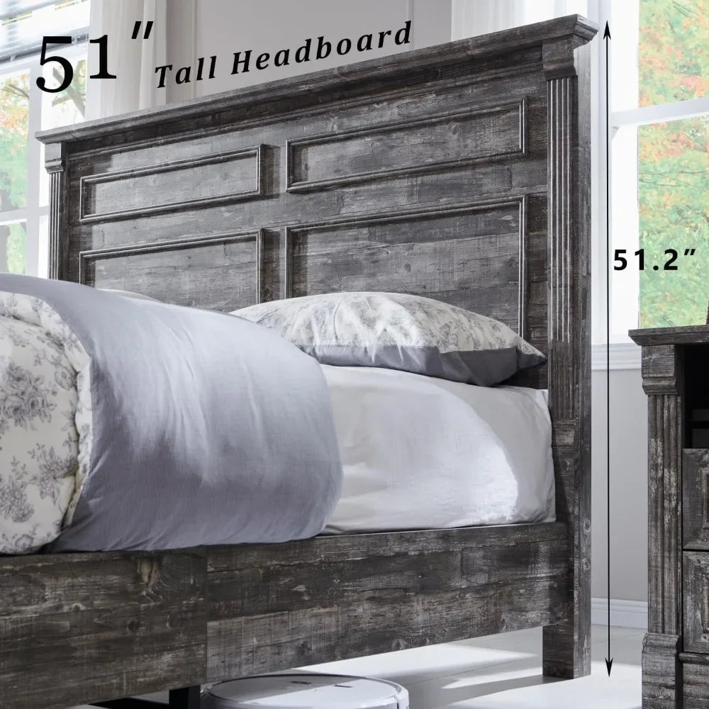 Queen Size Wood Platform Bed Frame – 51″ Tall Headboard with Roman Column Footboard