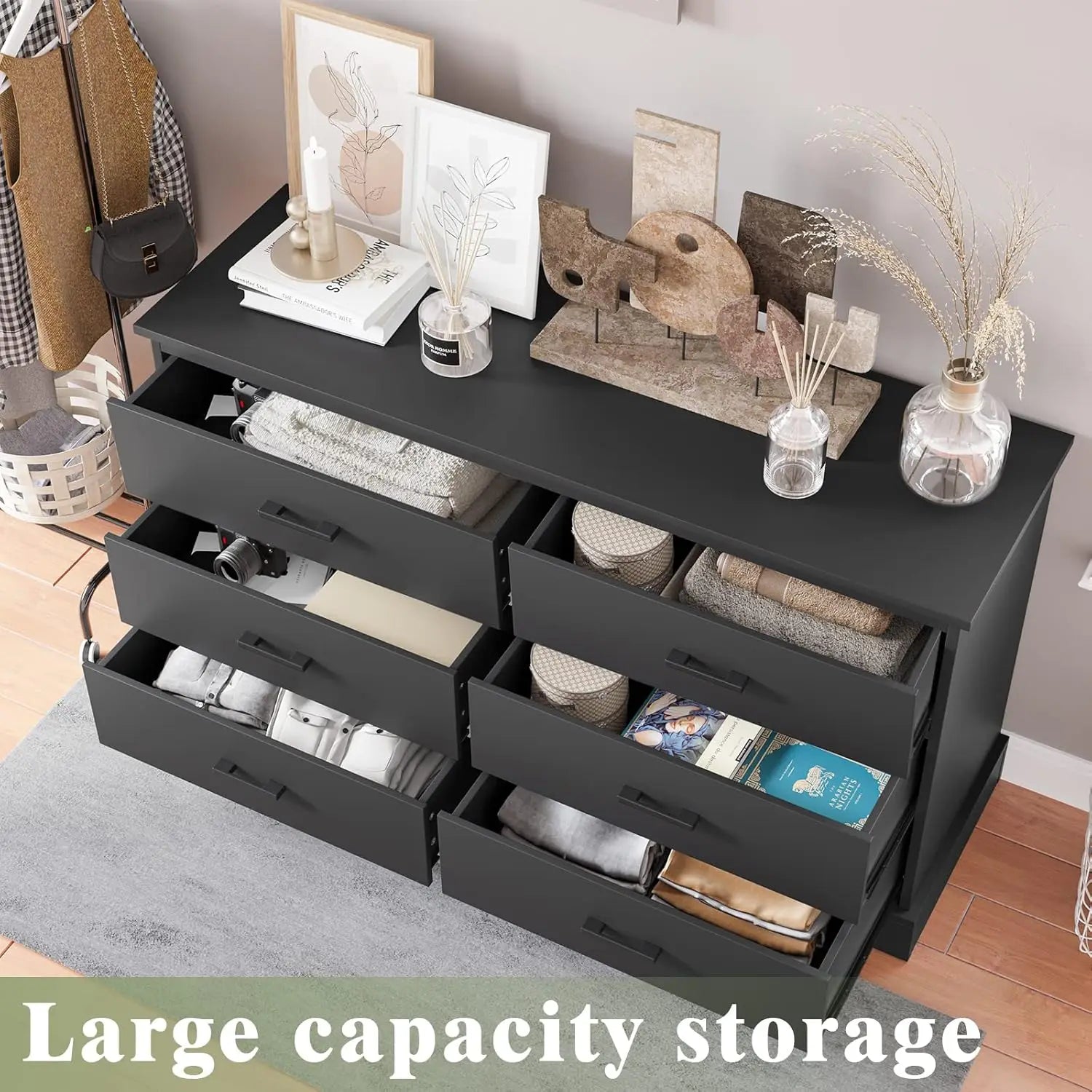 Black 6 Drawer Double Dresser for Bedroom, Wood Storage Tower Clothes Organizer, Wide Chest of 6 Drawers, Large Storage Cabinet