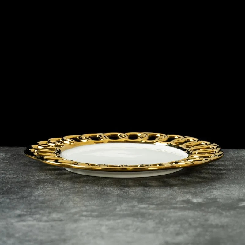 Gold-Plated Hollow-Out Ceramic Serving Plate – Decorative Steak, Dessert & Salad Plate