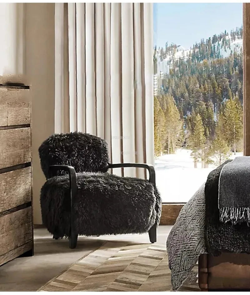 Modern Fabric Accent Chair – French Light Luxury Wood-Back Lounge Armchair