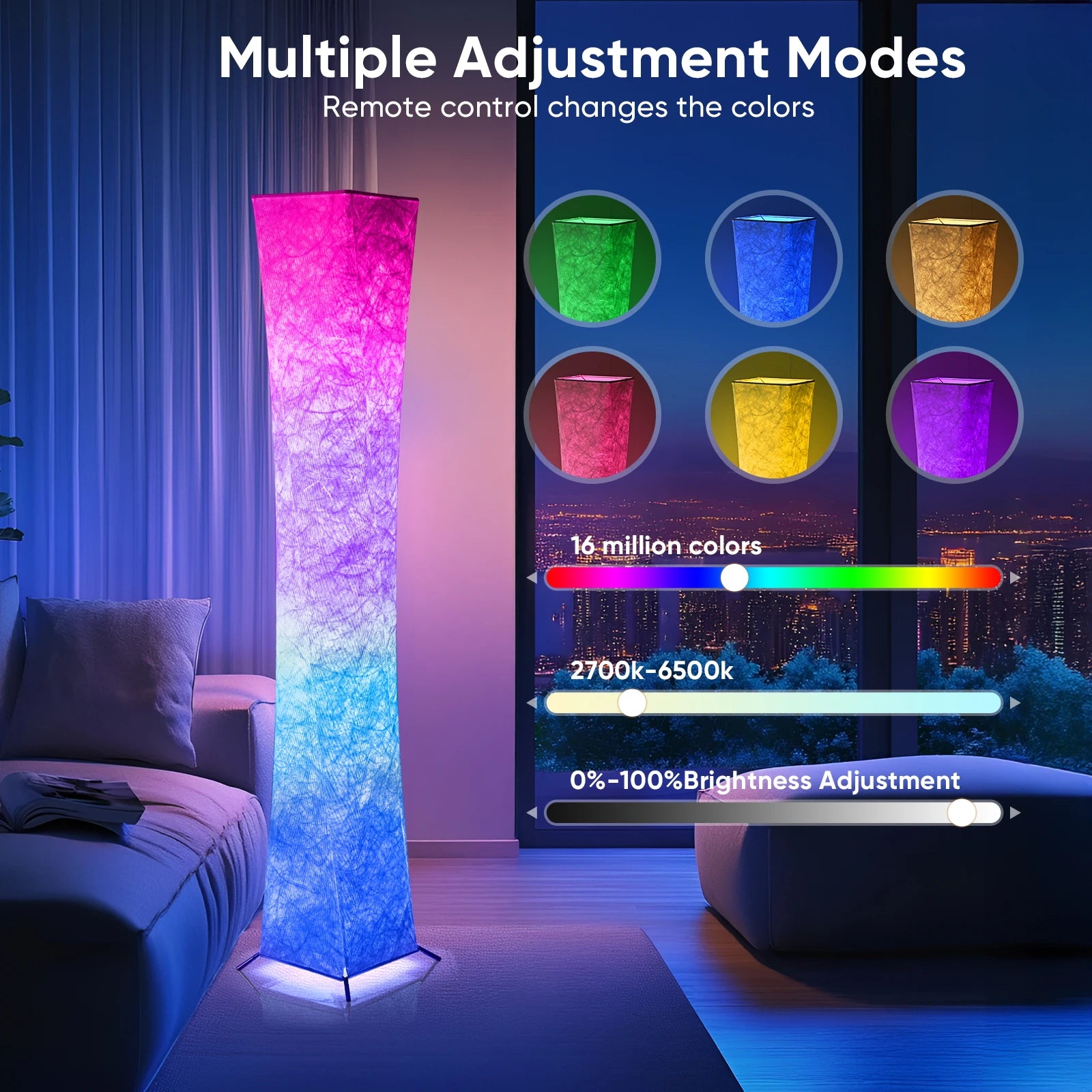 52" Simple Design Soft Light Floor Lamp, Morden Slim RGB 16 Color Changing LED Tyvek Fabric Shade Dimmable Remote Control Stand
