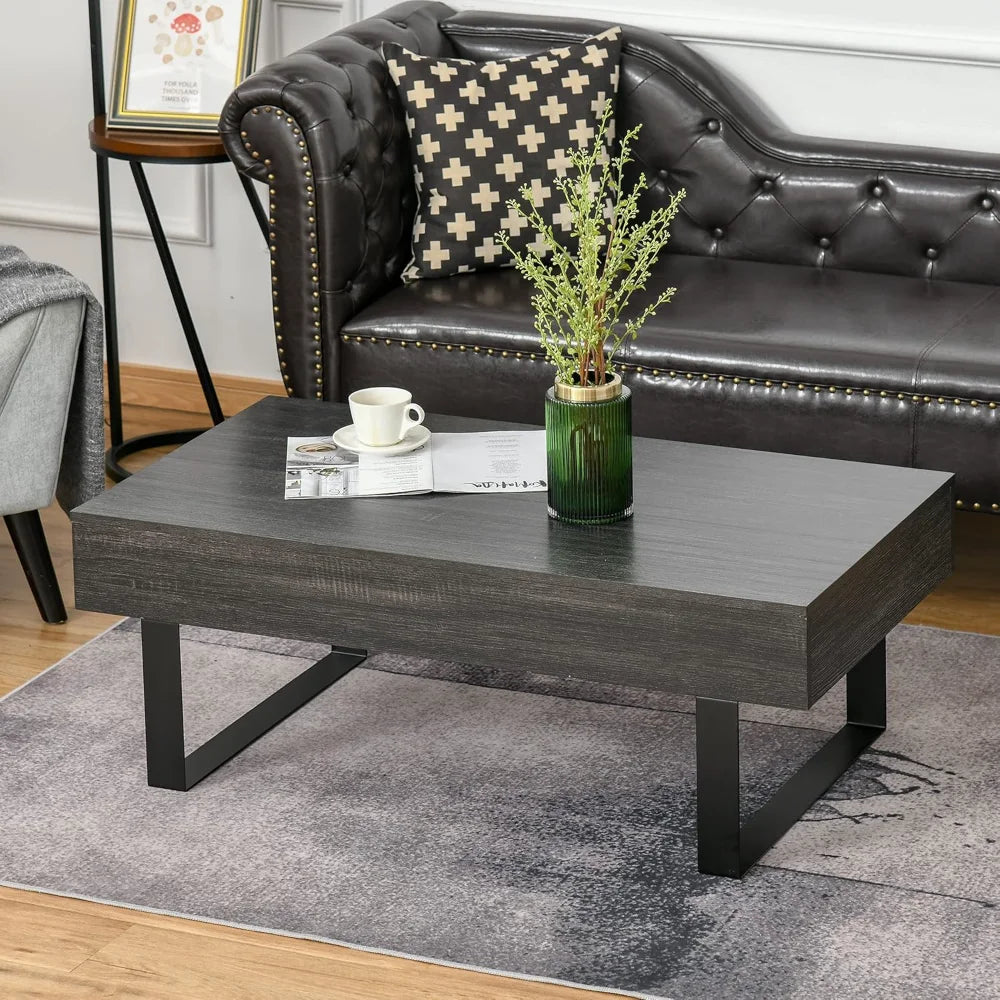 Dark Grey Mid-Century Modern Coffee Table – Wood Grain Table with Storage Drawer