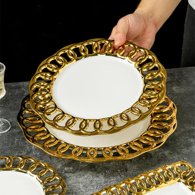 Gold-Plated Hollow-Out Ceramic Serving Plate – Decorative Steak, Dessert & Salad Plate