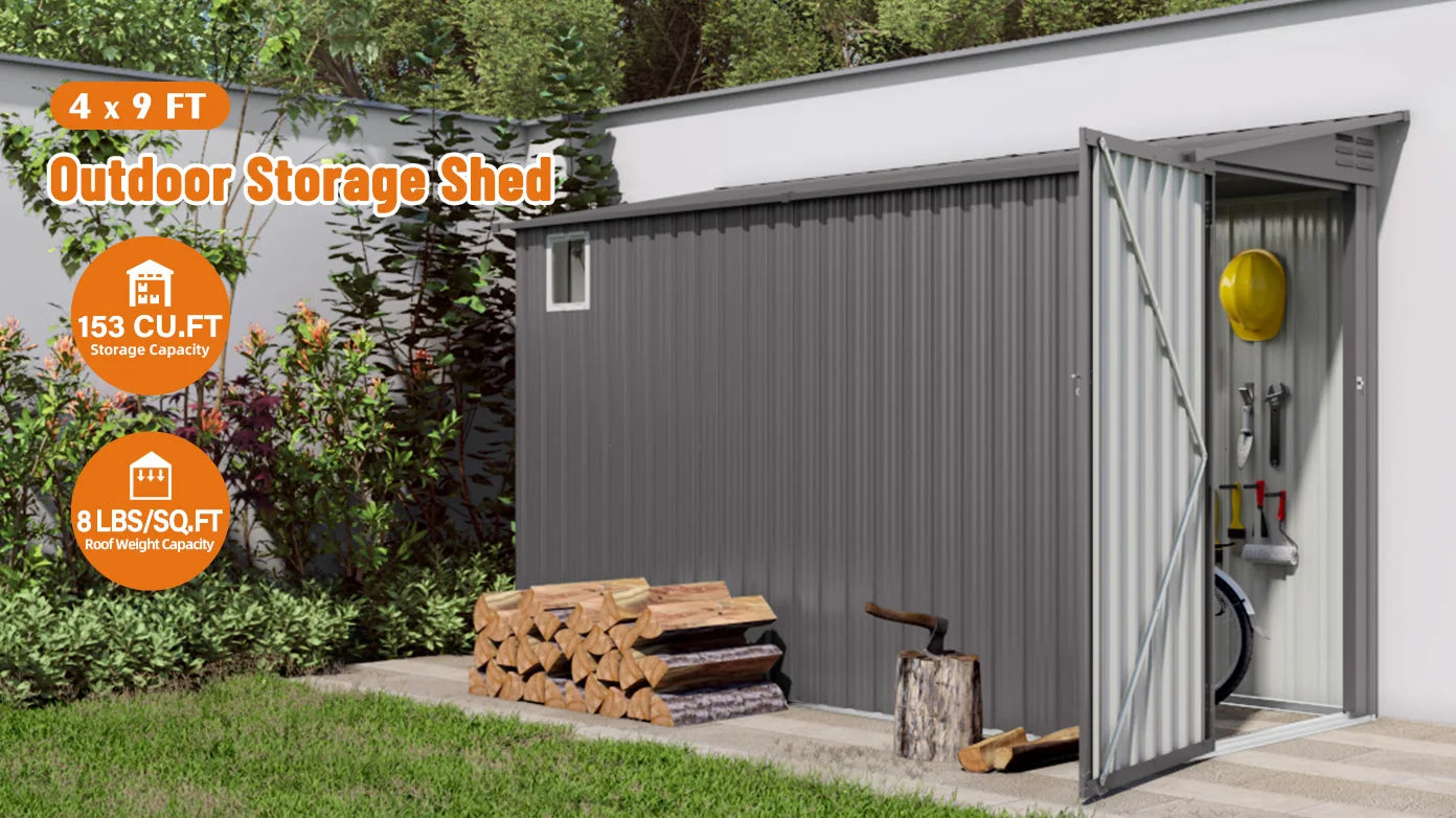 SUSUA 4 x 9 FT Outdoor Storage Shed, Metal Garden Shed Tool House with Sloping Roof,2 vents and 1 Side Open Door for Backyard