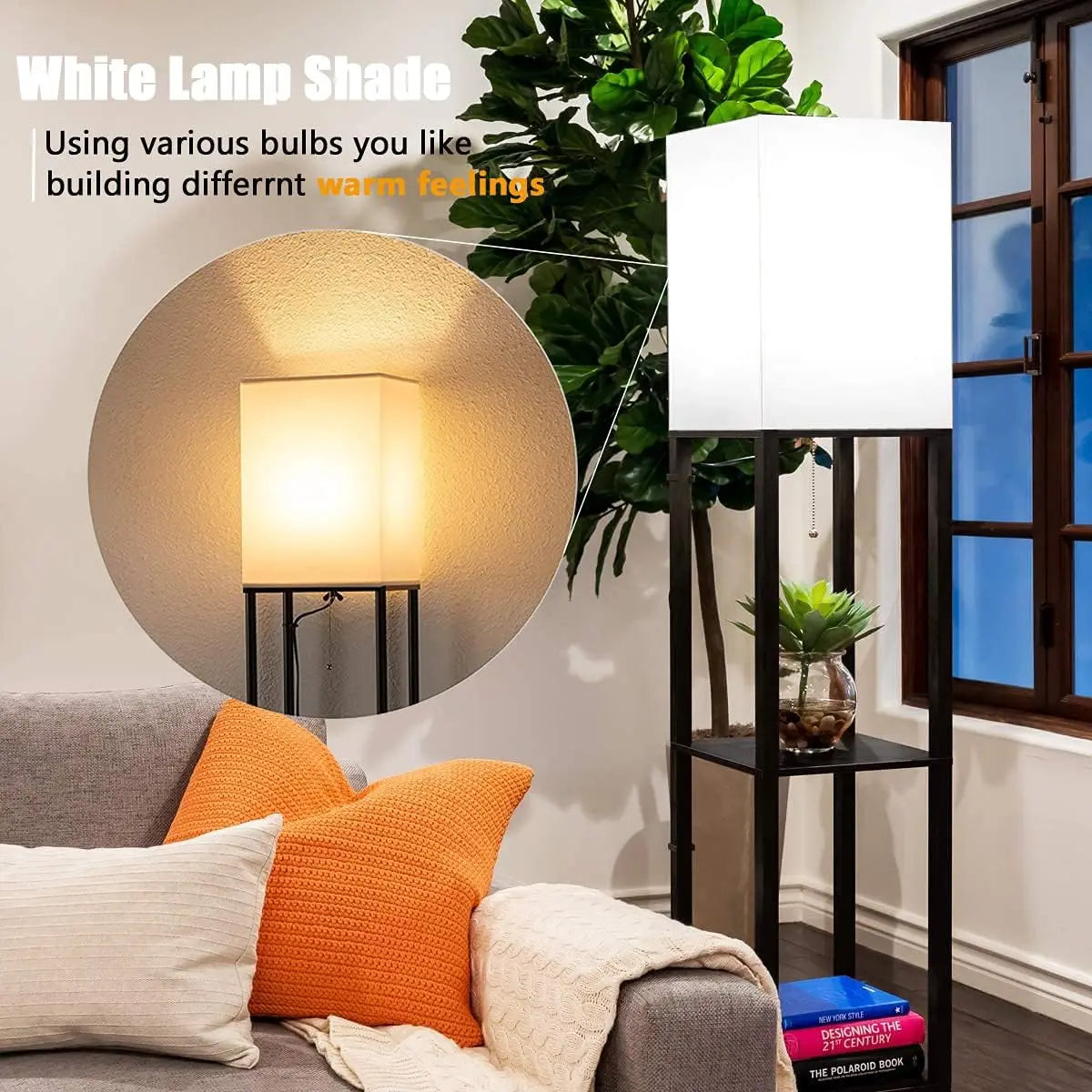 Floor Lamp with Shelves Modern Standing Shelf Lamp with 3 Color Temperature LED Bulb White Shade for Living Room Bedroom Office
