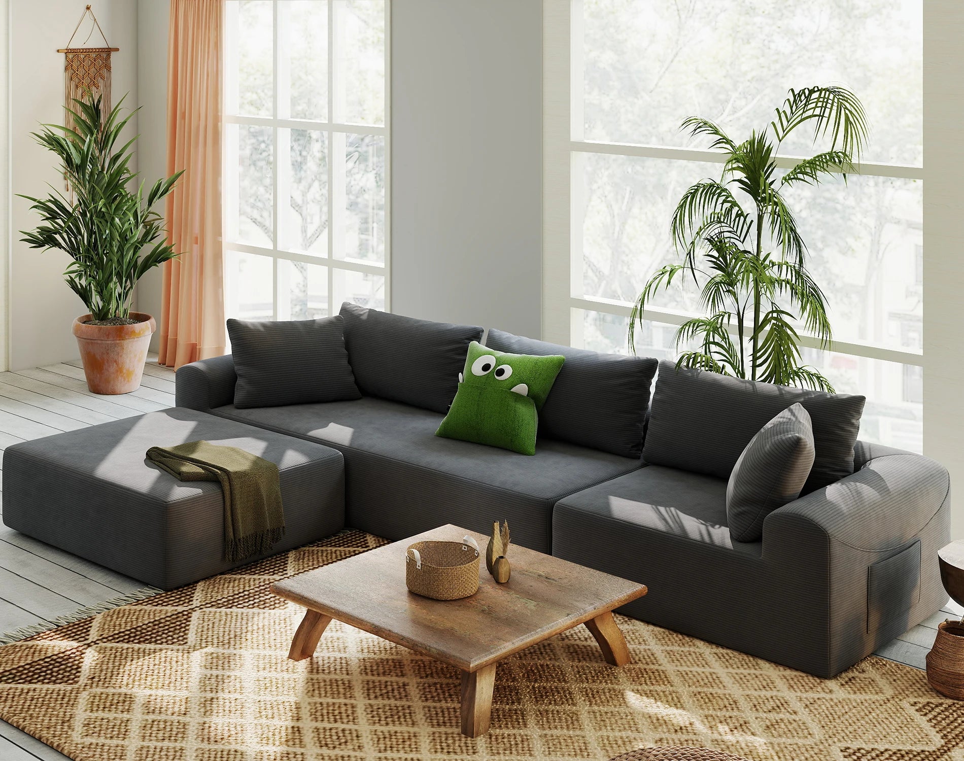 Modular Sectional Sofa with L-Shape Chaise, Cloud Couch in Corduroy, Deep Seat Living Room Sofa with Side Pockets, No Assembly R