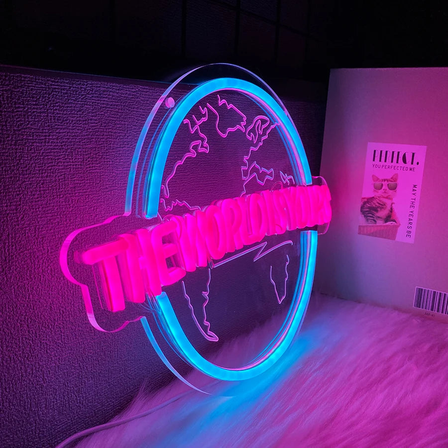 The World Is Yours Led Neon Sign, Earth-Shaped Sign 3D Sculpture, Used For Bedroom, Club And Game Room Decor, Powered By Usb.