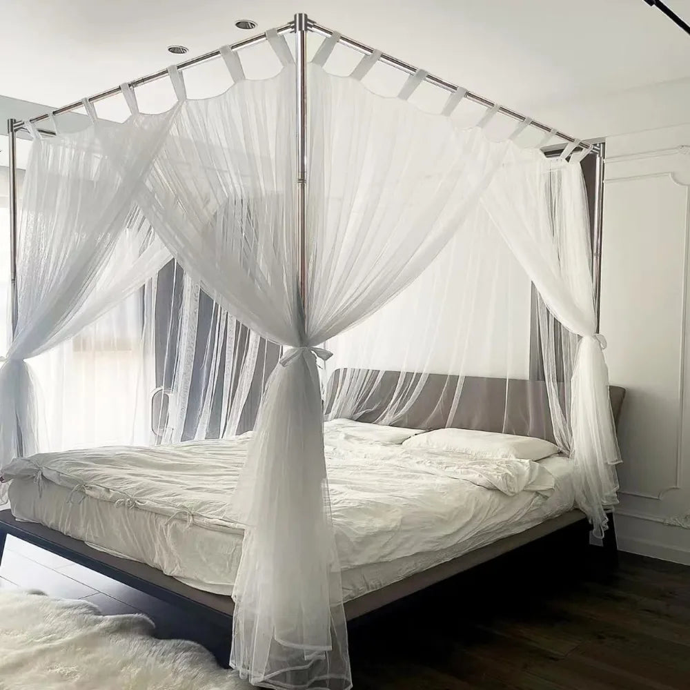 Queen Size Stainless Steel Canopy Bed Frame with Thick Brackets & Mosquito Curtains