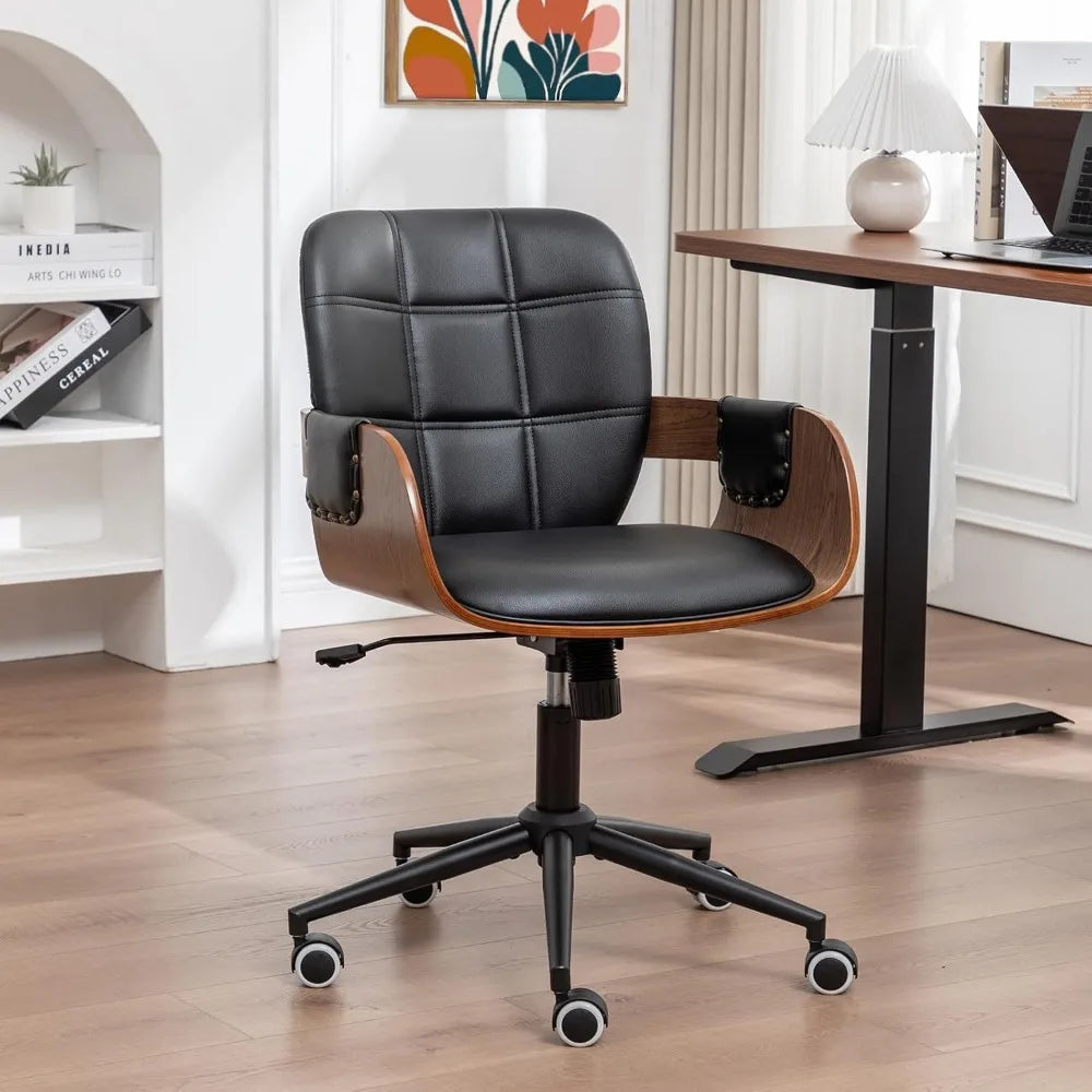 Ergonomic Walnut Desk Chair with Adjustable Height and Caster Wheels, Featuring Curved Back and Arms, Faux Leather Upholstery