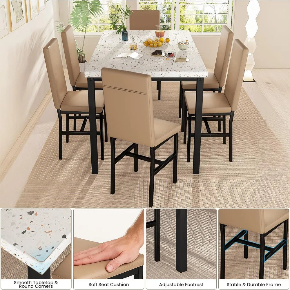 Dining Table Set for 6,Faux Marble Dining Room Table with 6 PU Leather Chairs, 7-Piece Kitchen Table and Chairs Set for Small S