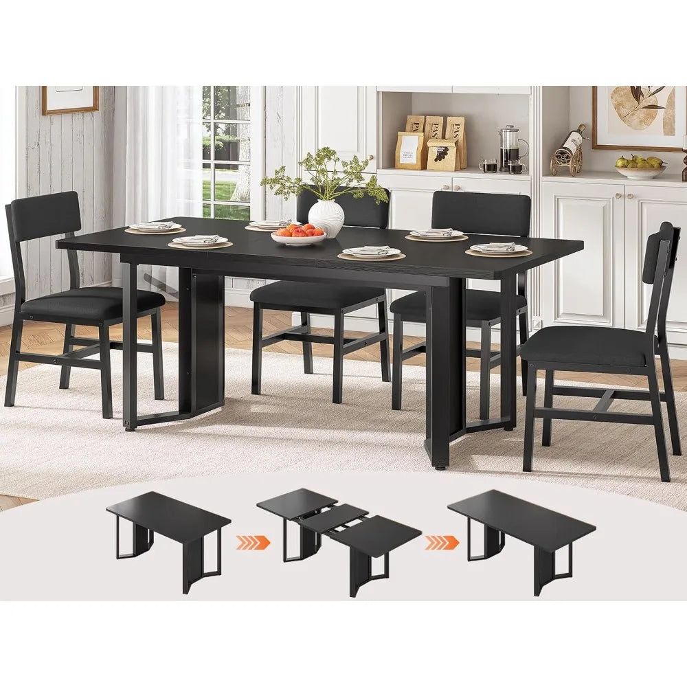 5-Piece Dining Table Set for 4-6 People, 63" Extendable Kitchen Table and 4 Cushion Chairs, Dining Room Table with MDF Boa