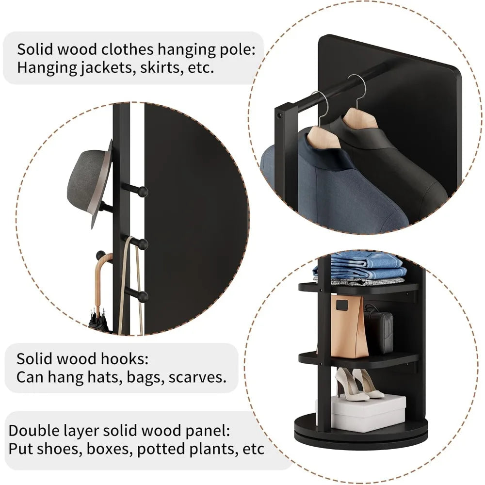 Mirror Full Length, Swivel Full Body Mirror Coat Rack with Storage Hanger and Open Shelves for Bedroom and Living Room