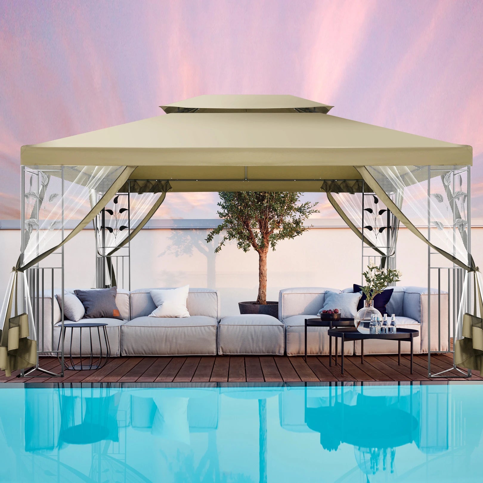 10x13 Outdoor Gazebo on Clearance with Mosquito Netting and Ventilated Double Flat Roof,All Weather for Patio,Backyard,Garden