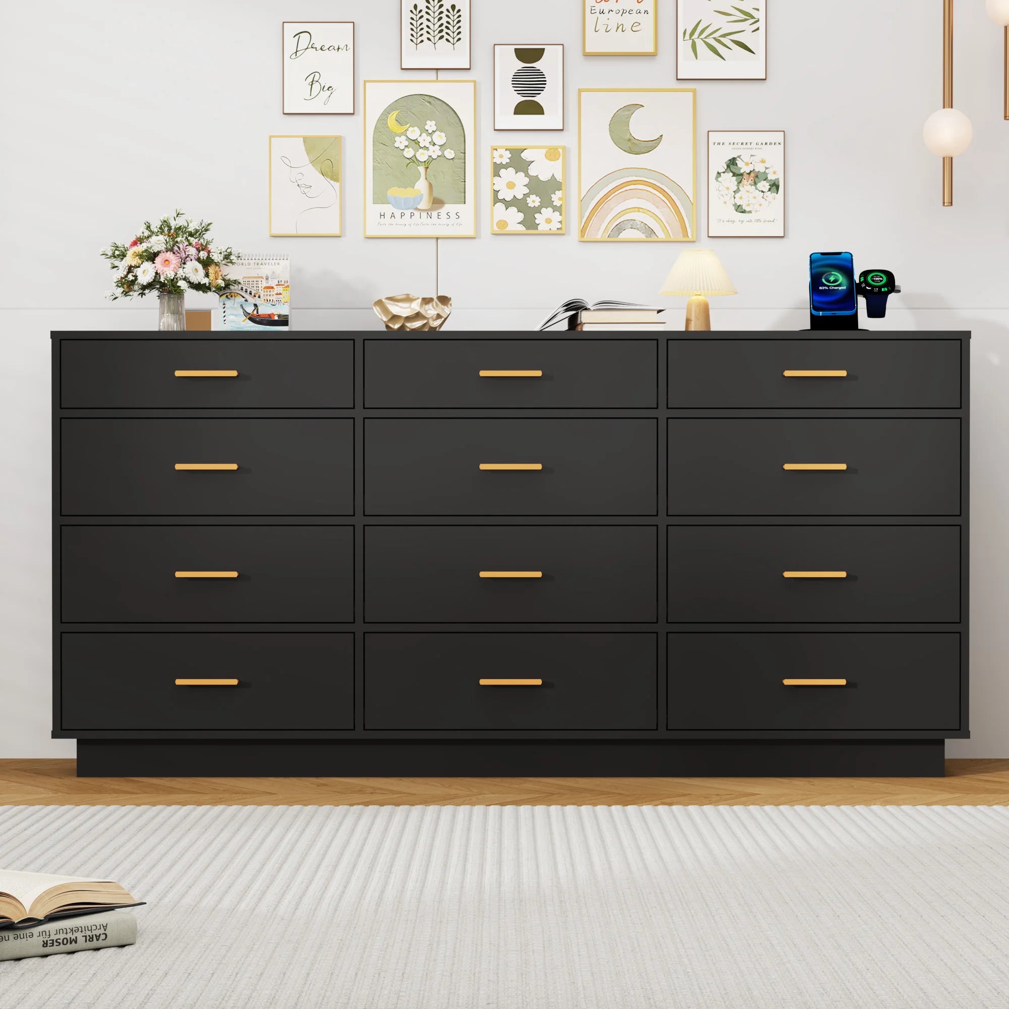 63'' Modern Chest of Drawers with Power Outlets & LED Lights, 12 Drawer Dresser for Bedroom, Wood Dresser for Living Room