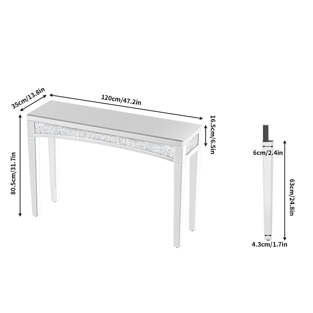 Silvered Mirrored Console Table Sparkle Crush Diamonds Entryway Table Sofa Behind Furniture