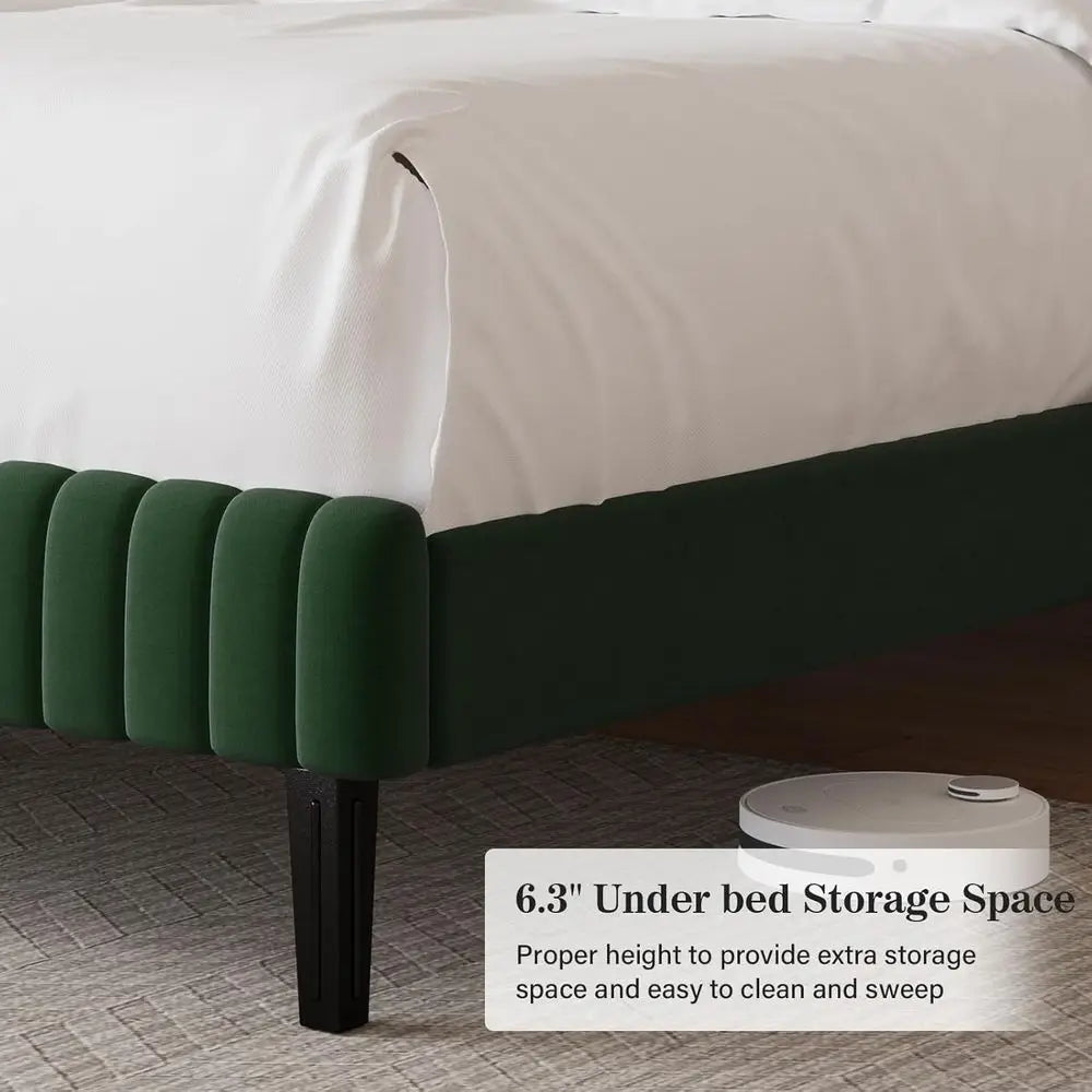 Velvet King Size Platform Bed Frame – Vertical Tufted Headboard & Footboard (Green)